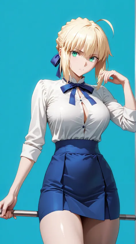 masterpiece, extremely detailed,perfect skin texture,4k,solo,1girl,adult ,((fullbody)),stand up,artoria pendragon,expressive,green eyes,blushes,slim body, sexy legs,perfect body,large breasts,white shirt,blue sexy skirt,housewife,soft light, high detailed,...