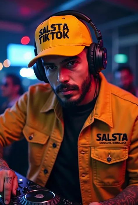            The camera from top to bottom captures a Latino man     ,       Handsome with light brown eyes      , beard,       Athletic physique      ,       tattooed arms. Posing as a DJ with his headphones and DJ mixer in a nightclub with a cap that cover...