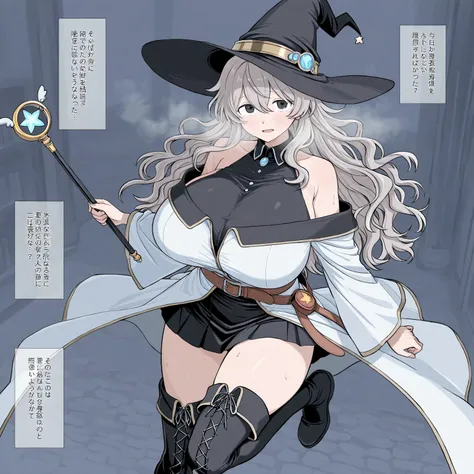 score_9, score_8_superior, score_7_superior, high detail, , solo, , girl(huge breasts, Drooping eyes ,ennui eyes,, gray wavy hair, black witch hat, hat with belt, bare shoulder, white robe, very short black skirt, thigh high boots, magical wand), , ,, stea...