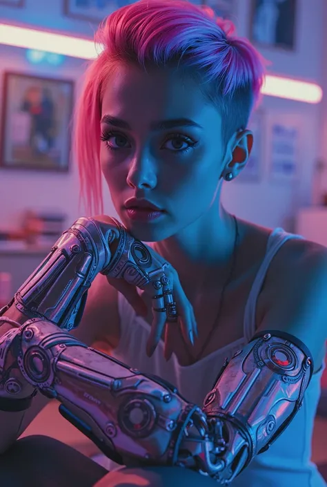  A young woman with a sleek, futuristic hairstyle sits against a backdrop of neon lighting in shades of pink and blue. Her arms are designed with intricate metallic robotic components, emphasizing a blend of human and machine. She wears minimal clothing, s...