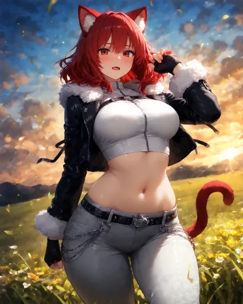 cowboy shot, [furry girl:0.5], dynamic angle, wind, fake animal ears, ear fluffy, ruby red eyes, ruby red hair, medium hair, shaggy hair, fang, very cute face, cute cat girl, solo, medium breasts, fur body, midriff jacket, fur trim, crop top, gray 7 parts ...