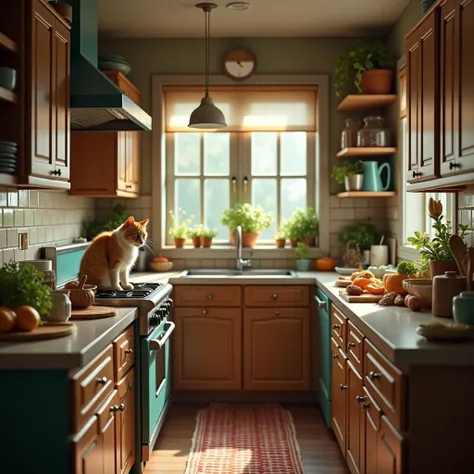 
A wide-angle shot of a spacious kitchen,capturing the entire scene.A cat is actively cooking at the counter,surrounded by various ingredients and utensils.The persoective is slightly elevated,providing a clear view of the countertops,stove,and kitchen lay...