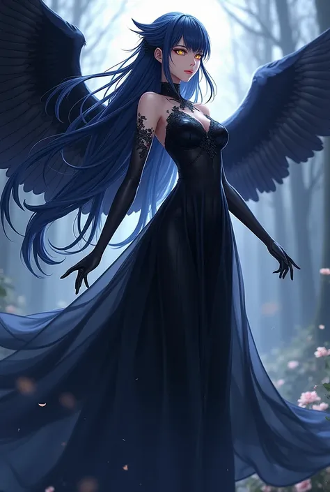 ( top quality,  best angle quality,  official art ,  full body,  and aesthetics :1.2) Anime woman, Crow wings on the back,  golden eyes, Long dark blue hair, elegant black dress,  black skirt.
