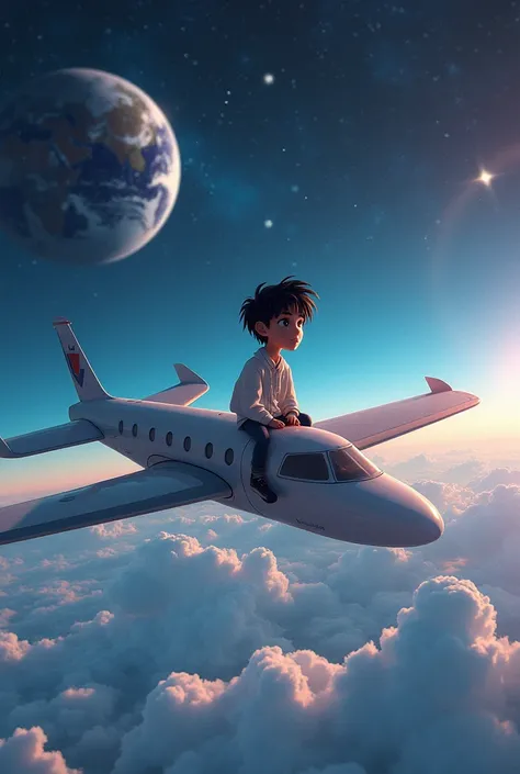 Imagine a mini character sitting on a mini airplane in space an watching earth (the character should be a white guy with black hair wearing like an artist ) add some chrome Stars an some space couleurs this picture is for an cover art for my song so let it...