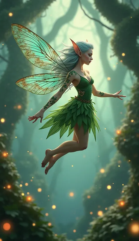 The image depicts a mystical and enchanting fairy, floating in the air with a dynamic and expressive pose. Her skin is pale with a subtle glow, and her hair is a silvery-blue color, flowing with her movement. Her pointed ears and playful gaze give her a mi...