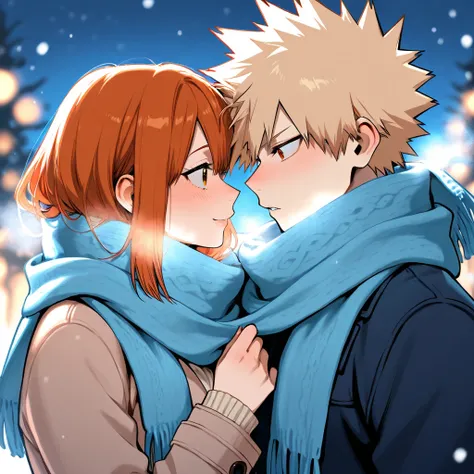 bakugo katsuki, girl with long auburn hair, couple, sharing a scarf in cold weather, cute