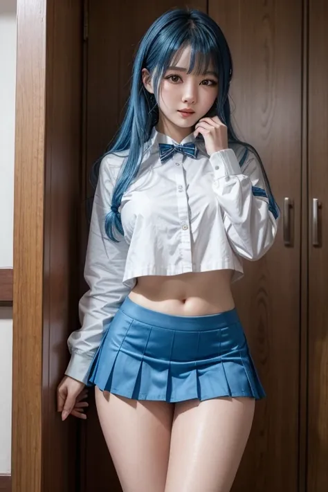 Blue-haired Asian girl showing her underwear through her skirt