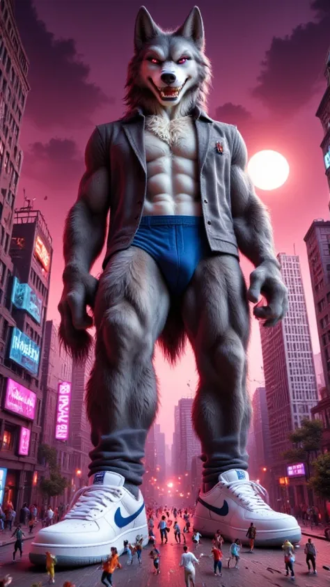 A wide shot of a tall, giant anthropomorphic male wolf  with headphones wearing 80s clothing and Nike Air Force sneakers looking down at us while stomping on tiny buildings with an evil grim, neon background, detailed, digital art, furry art, littleblackal...