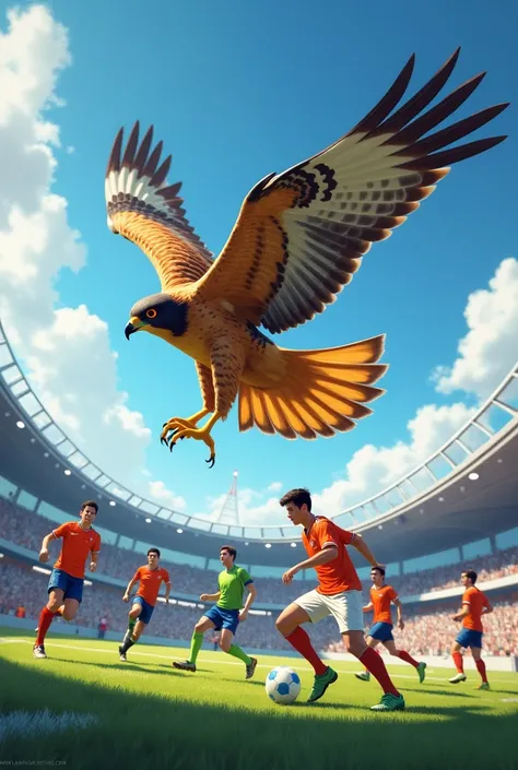 A Falcon flying and under some soccer players 