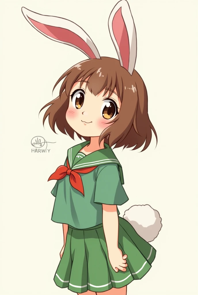 make an anime girl that has brown skin, brown eyes. she has bunny ears and a bunny tail and she's wearing a green school uniform