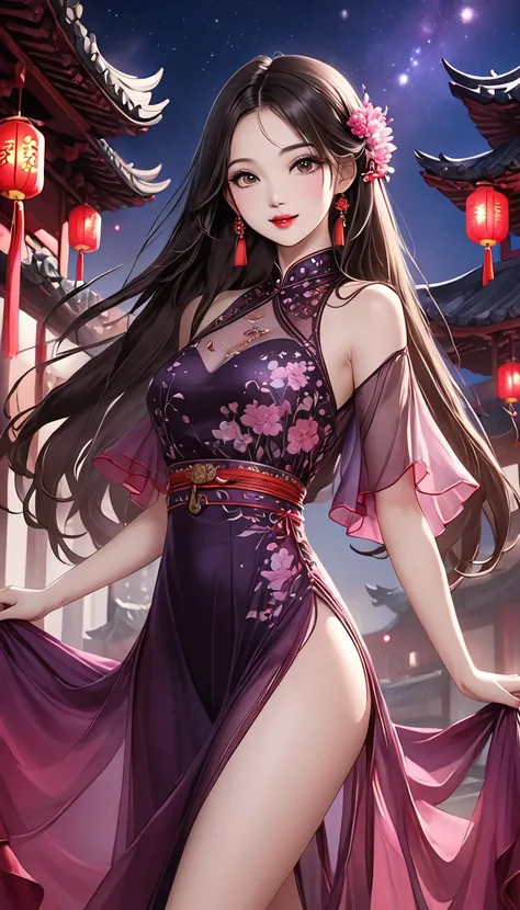  Rich ink painting 、   image of a dancer from a Chinese period movie 、The solemn interior of the imperial court、  heavy makeup、  clear brown eyes 、  perfect face 、 cute girl、 Small and perfect style  、transparent purple flowing see-through dress、   jewelry...