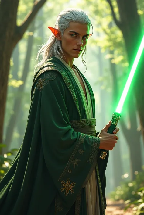 Silver-haired, green-eyed Jedi male elf