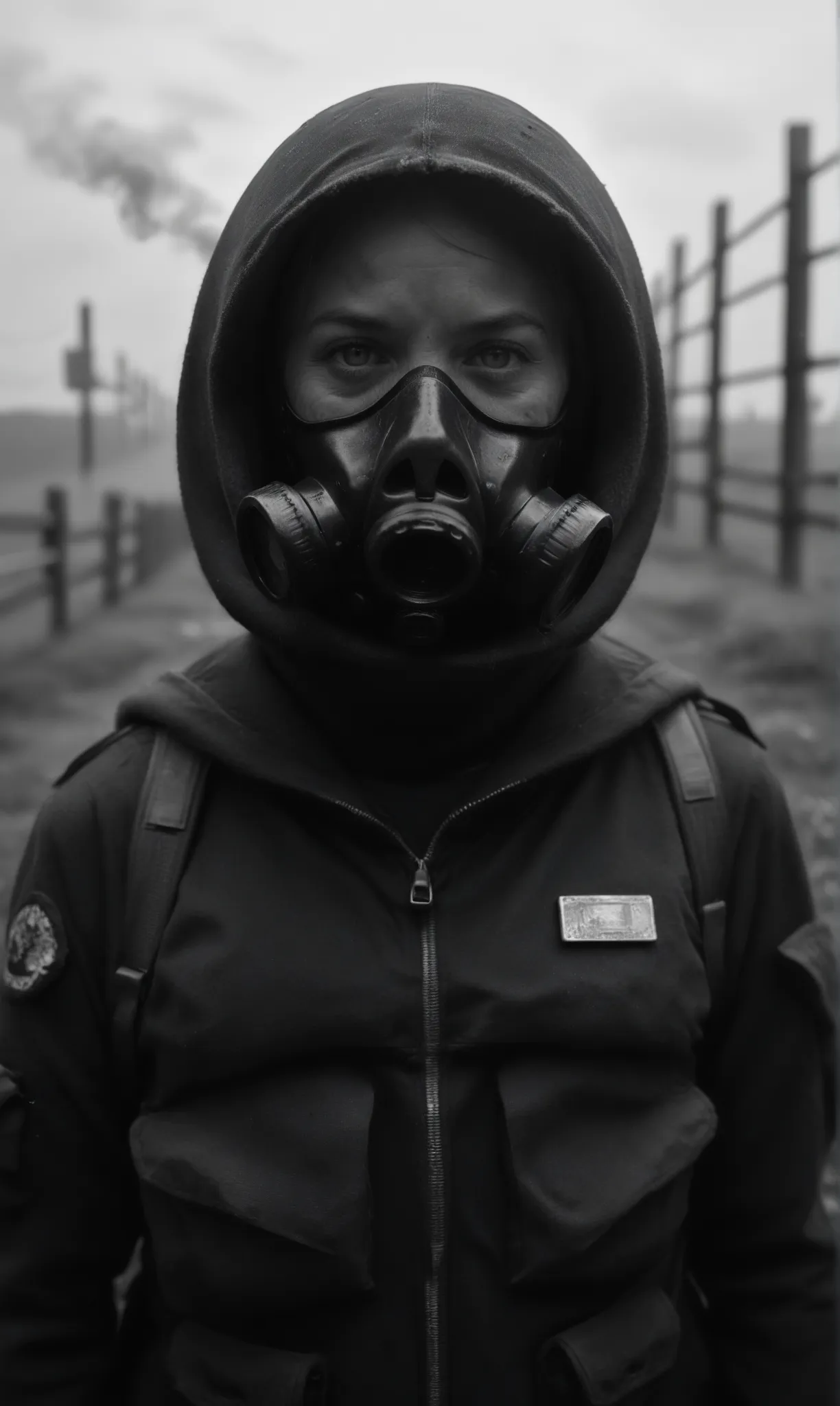 score_9, score_8_up, score_7_up, score_6_up, realistic, photo, photorealistic, gas mask, combat suit, hoodie, in a poppy field, haze, steam, smoke, looking at viewer, wooden fence, black and white photo, old photo, monochrome, depth of field, bokeh