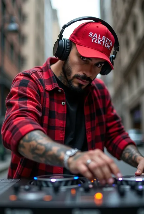              The camera from top to bottom captures a Latino man      ,        Handsome with light brown eyes       , beard,        Athletic physique       ,        tattooed arms. Posing as a DJ with his headphones and DJ mixer in the city with a cap that ...