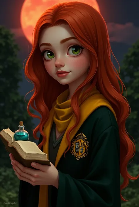 An  young witch from the Hufflepuff house named Francesca Fleetwood.  She has long wavy red hair ,  with some more golden highlights reflecting light . Her deep green eyes sparkle with a mix of curiosity and imagination, and her expression is dreamy ,  as ...