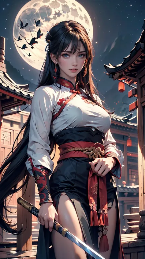 ((( highest quality))),((( super detailed))),((( Masterpiece))), illustration,1 person,1 Female,  Swordsman  , Female Warrior, traditional Chinese costume , are standing, ink style ,martial arts, pose ,rooftop,moonlight,  night ,background,ancient chinese ...