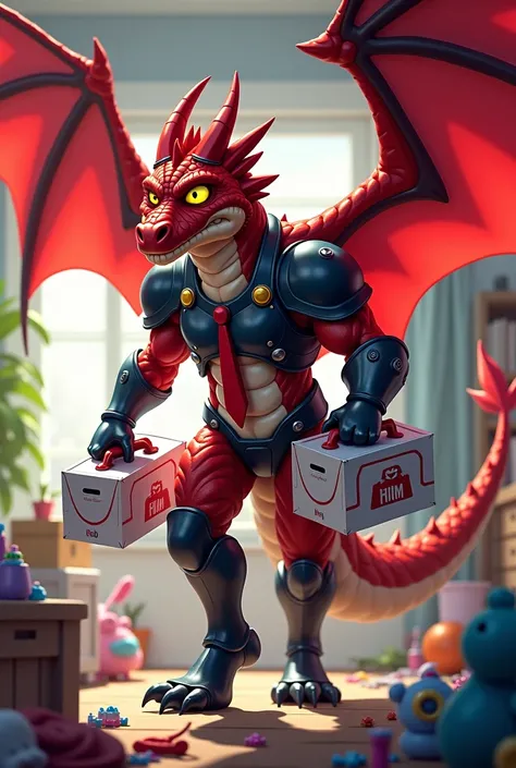 An anthropomorphic dragon, adult, tall, red scales, wearing high-tech battle armor, has wings, arms full of baby supplies, a crooked necktie, stressed facial expression, in a messy living room, anime.