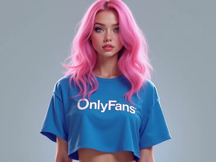 A very pretty beautiful woman, Wearing a blue Only Fans shirt she has pink hair, corpo inteiro camisa curta