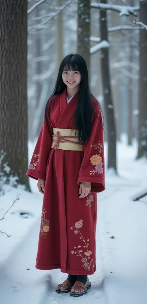  High quality. A real Japanese girl with  with beyond floor length black hair and see her "whole" body wearing thick lambswool traditional Wafuku standing nearby hot springs inside the forest, must see her whole body. The scenario of forest shows winter vi...