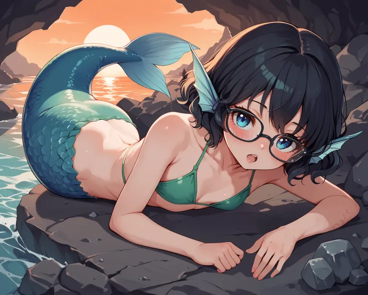 score_9_up, score_8_up, score_7_up, 1girl, solo, source_anime, mermaid, hud_m3rmaid, monster girl, mermaid, bikini top only BREAK 

Black hair, short hair, wavy hair, blue eyes, cute face, glasses, small breasts, headfins, blue mermaid tail BREAK 

Green b...