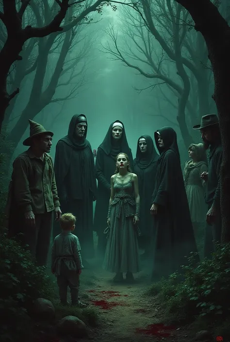  A dark forest. A dwarf, a witch,  a ballerina with a tutu , two nuns, a muscular old man ,  a poor boy ,  a clown dirty with blood,  a toothless madman ,  a beggar  