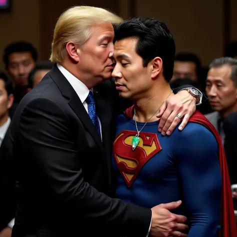 two men in a Banquet Hall. The man on the left is US President Trump , wearing a black tight suit, and has a serious expression. US President Trump  huggs Noah Beck from behind who is dressed in a blue Superman costume with a red cape, a glowing emerald gr...