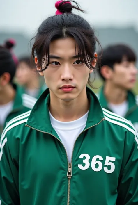 Create a  very handsome male Korean with worry look and raising an eyebrow with long black hair that has pink in the Hair's tips, tied back. (As a Half up bun) , He should be wearing a white T-shirt, a green tracksuit with white trim, , and the number '365...