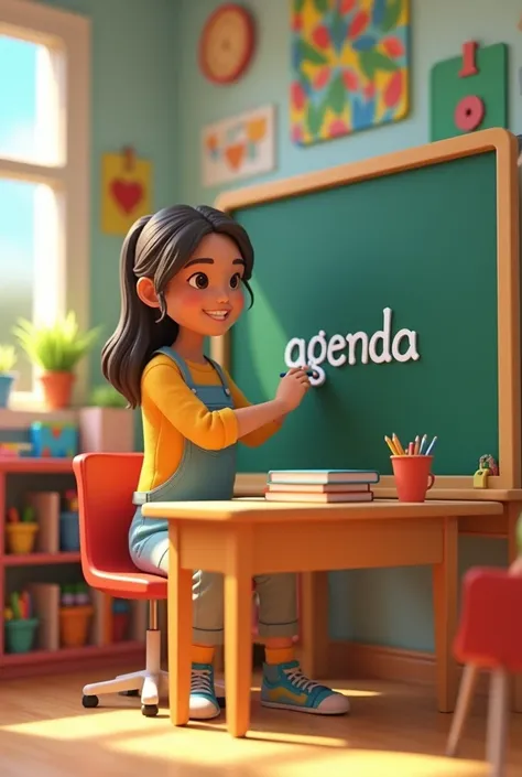 3D image alluding to a preschool teacher writing the word agenda on her desk and blackboard
