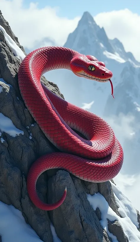 **"A majestic red python coiled gracefully on a jagged, snow-dusted rock high in the White Cloud Mountains. Its vibrant crimson scales glisten with an almost metallic sheen, creating a stunning contrast against the stark white snow and misty, cloud-covered...