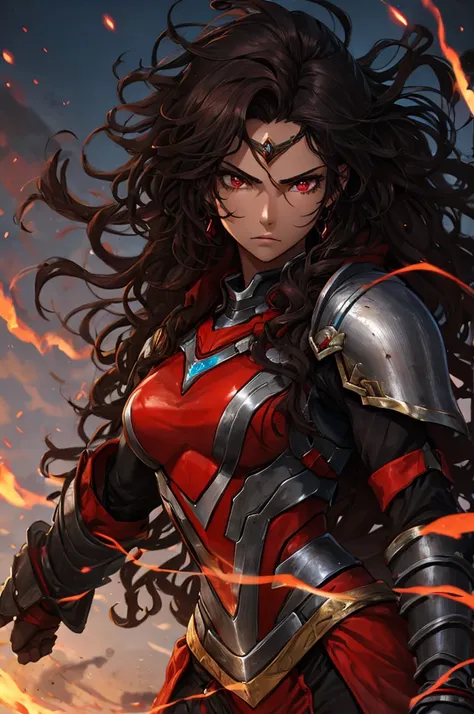 create a human warrior woman of about 25 years of age with black skin with a well-defined body, with long dark brown curly hair and red eyes, with a serious look, wearing full heavy black steel armor