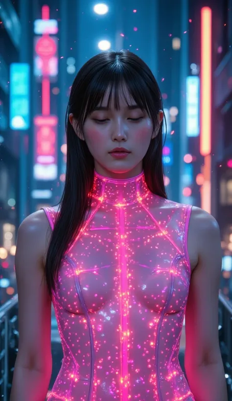 ( facing viewer), ( supermodel in her wet 20s,  beautiful face)  transparent neon light that emits light、A suit that adheres closely to the skin without gaps、A band of light supports the body 、 Mysterious Sight 、 your body is suspended in the air ,  sleep ...