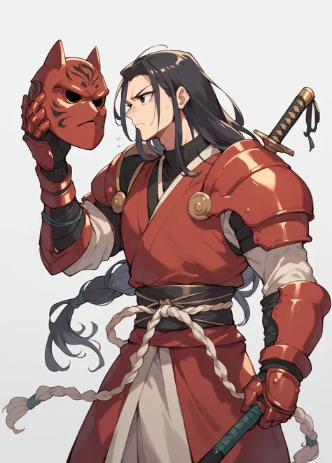  Of samurai in red armor,black eyes long hair tied, holding his helmet 