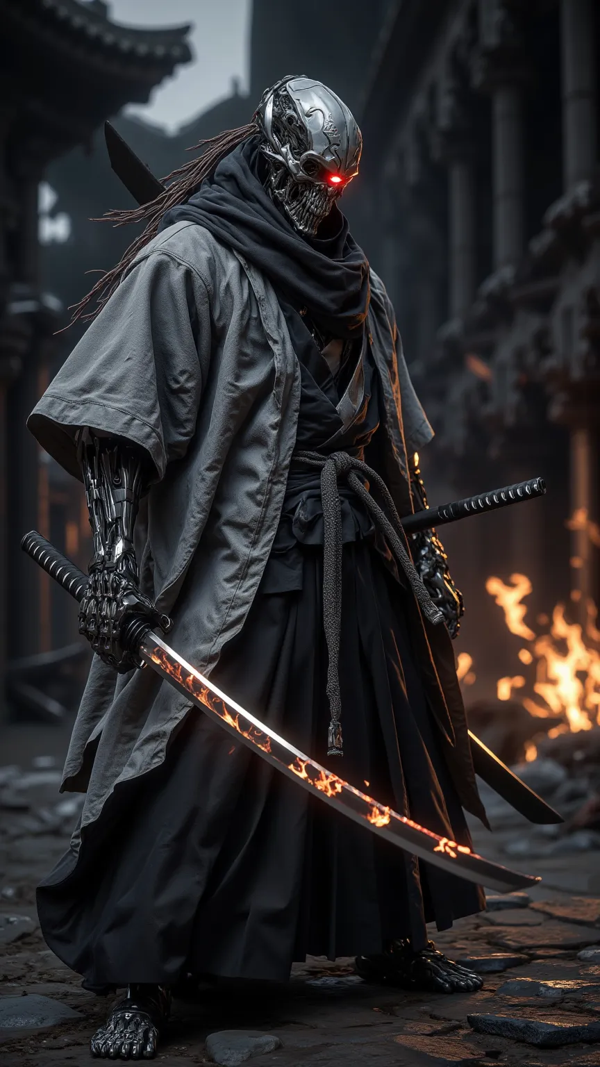 The Living Dead，death knight，red eye， Gray and black coarse cloth jersey ，scarf，Hand in hand a katana， Flaming Samurai knife 1 ：5， Executing a knife pose 1 ：5， Dark brown skin ，Skull ，panoramic， full body shot ， High detail， HD ， Ultra High Resolution ，8k，...