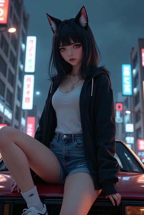 a highly detailed portrait of a beautiful black-haired wolf girl with expressive eyes and a perfect face, wearing a white shirt, black jacket, jean shorts and white adidas shoes, sitting on the hood of a car in a Tokyo night city background, (best quality,...