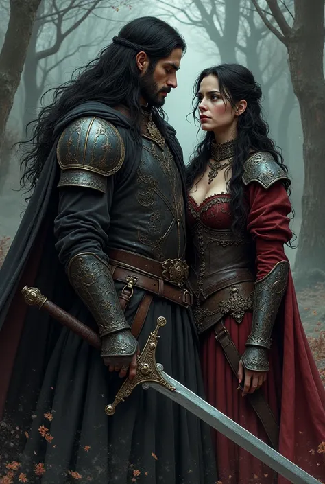 Make a woman and a man, he has long black hair, he is wearing clothes of the European monarchy, middle ages. she is wearing slavic armor and has a sword, she is defending him from a monster. Dark fantasy, lots of details, comic artstyle.