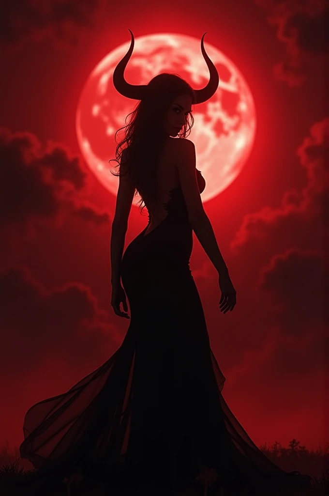 Silhouette of a sexy vampire with horns is against the light with the moon in the background in red and black colors in a gothic atmosphere