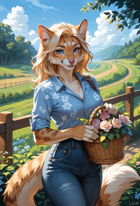 rating_safe, score_9, score_8_up, score_7_up, score_6_up, score_5_up, score_4_up, hires, source_furry(one scene of movie)nature, farm, Blue sky, clouds, florals Beautiful garden(furry anthro, solo, girl, casual fashion, Relux pose, Smile)cinematic lighting...