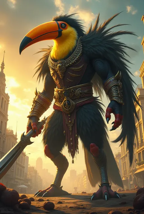  A full body photo,  seen from below, Of an anthropomorphic yellow-toed toucan, realistic, warrior, monster,  in Rio de Janeiro