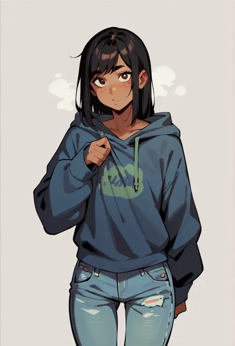 score_9, score_8_up, score_7_up, BREAK, score_9, 1girl, solo, black hair, long straight hair, medium bangs,dark brown eyes, olive skin tone, freckles, dark blue hoodie, black t-shirt ,roll up sleeves, demi jeans, looking at viewer, cowboy shot,