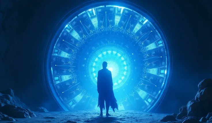 Close-up camera angle . Calithra is inside the portal with its surroundings colored blue that form beautiful patterns and patterns,  leaving Mycoria and preparing to face the mystery that awaits him in Zephrya.  As his body was absorbed by the light of the...