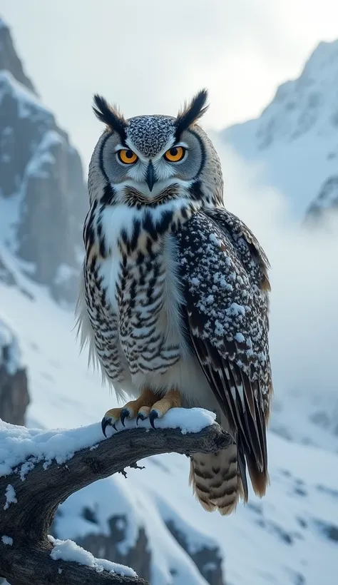 **"A majestic owl perched on a snow-covered branch high in the White Cloud Mountains, its thick, mottled feathers blending seamlessly with the icy, rugged landscape. The owl's piercing, golden eyes glow with an intense, almost otherworldly focus, standing ...