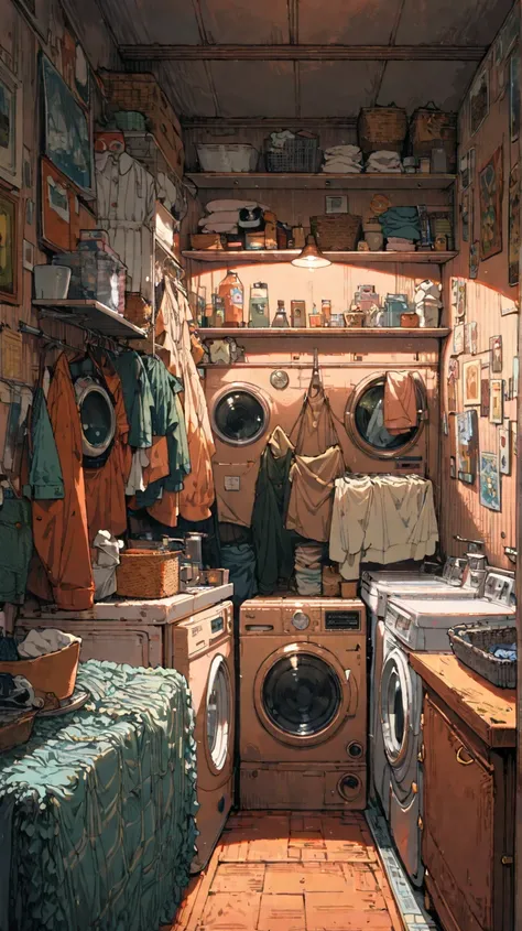 (((Distant view,  Wide Shot , Long Hit))), ((Anime:1.4, illustration)),( Masterpiece,  top quality,  highest quality),( super detailed,   absolute resolution ),((16k,  high resolution)), (((COZY RETRO LAUNDRY ROOM ))), ((cosy lofi  illustration:1.4)), ((An...