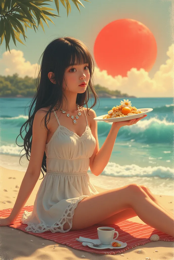  a girl,  on the beach ;(  short dress with washers  ). Cooked a   (   fried egg  ) , (Indonesian daisy necklace )Background with:(beautiful waves) ; red sun[   8K high definition ultra Polaroid lighting].