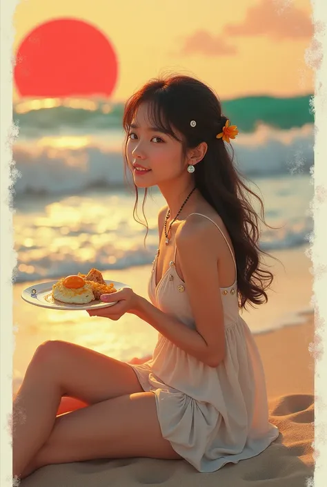  a girl,  on the beach ;(  short dress with washers  ). Cooked a   (   fried egg  ) , (Indonesian daisy necklace )Background with:(beautiful waves) ; red sun[   8K high definition ultra Polaroid lighting].