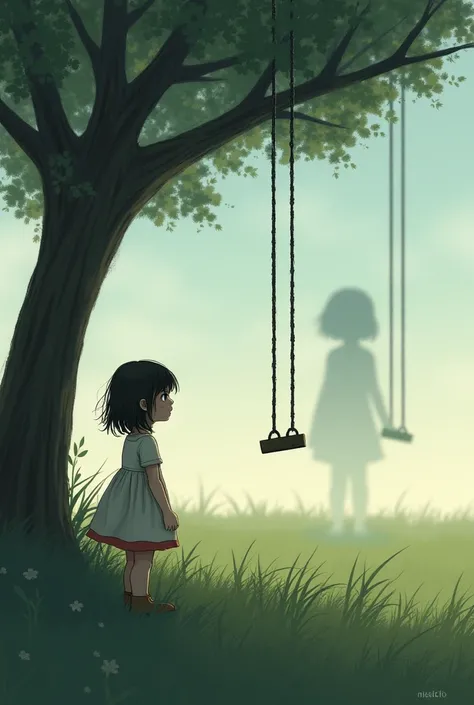 A girl with a faint shadow of her twin who looks at him from afar with a feeling of emotion and sincerity, in a meadow with a tree that has 2 small swings hanging from the tree trunk.