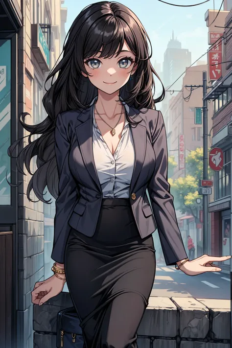 ((masterpiece, best quality:1.3, high detail)), beautiful business woman, smile, long wavy hair, (dark hair), hairpin, bright eyes, (gray blazer), (black pencil ((skirt)), ((long skirt:1.1)), necklace, bracelets, collarbone, heels, (lower body), city, 