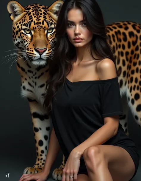  Beautiful Russian girl in a black oversized t-shirt in a stylish and sexy position, next to a leopard  