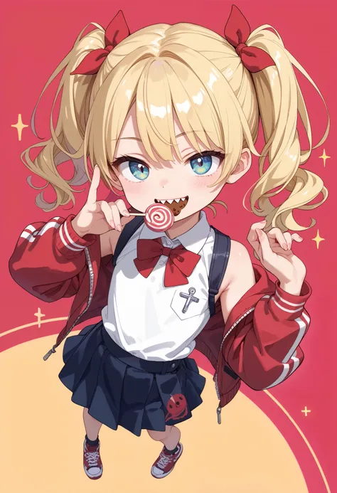  loli,fisheye effects and dynamic angles, Her outfit combines a cropped haori jacket with mini skirt and platform sneakers.blonde hair, sleeveless shirt,sleeveless , polo shirtsource anime, kawaii anime face, solo, twintails, sharp teeth, evil smile, crack...