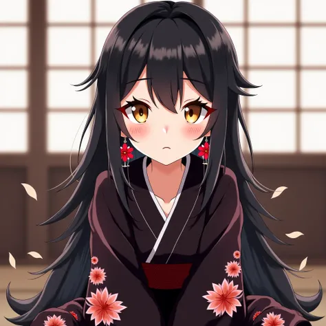 Style anime, female, , has long black hair that falls over her shoulders and back, her hair is dark and slightly straight with bangs that frame her face and messy highlights, deep and bright yellow eyes, she wears red earrings with flower shapes in her ear...