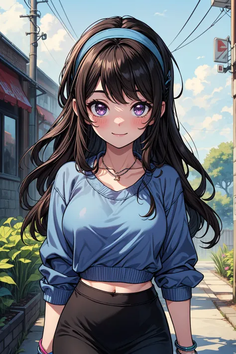 ((masterpiece, best quality:1.3, high detail)), beautiful woman walking, smile, long wavy hair, (dark brown hair), hairpin, bright purple eyes, light blush, ((blue sweatshirt cropped)), (long black midi (pencil skirt)), midriff, navel, black hairband, neck...